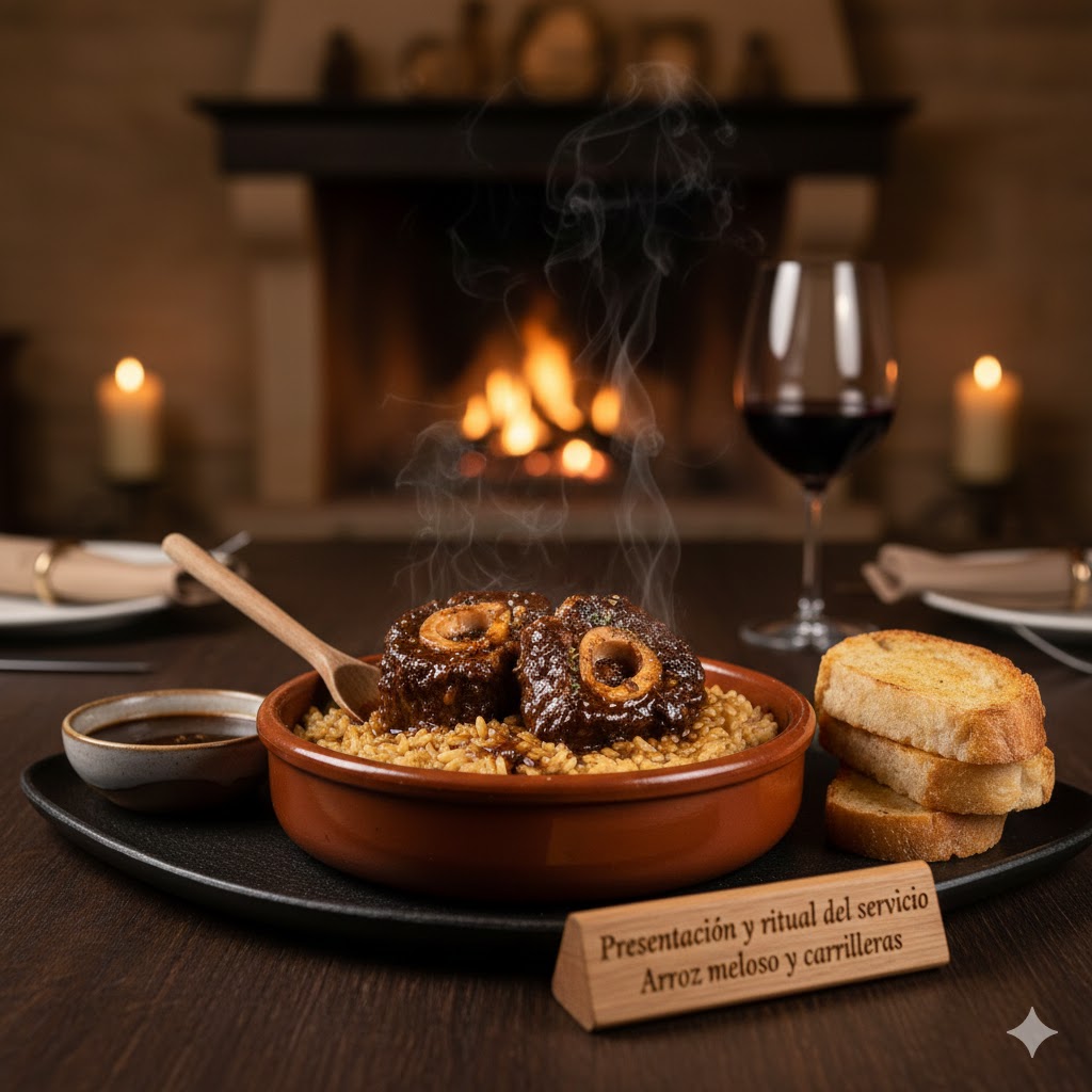 Arroz meloso servido con carrilleras enteras visibles sobre el arroz