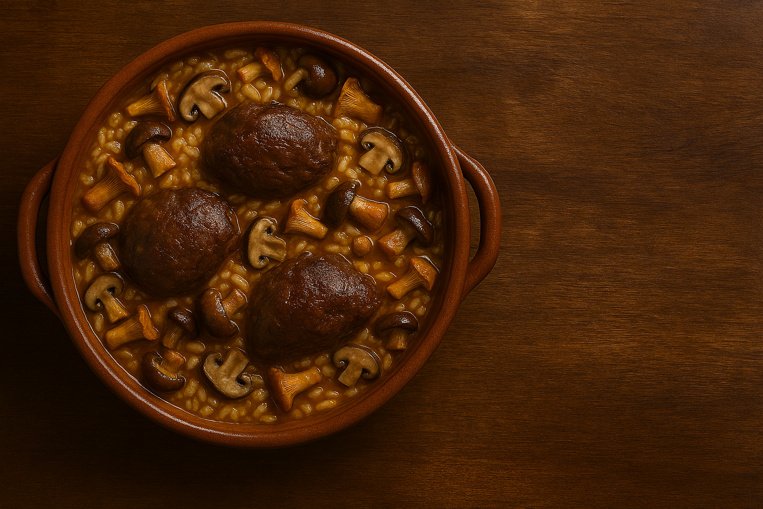 Arroz meloso con carrilleras de cerdo y setas silvestres, presentado en cazuela de barro