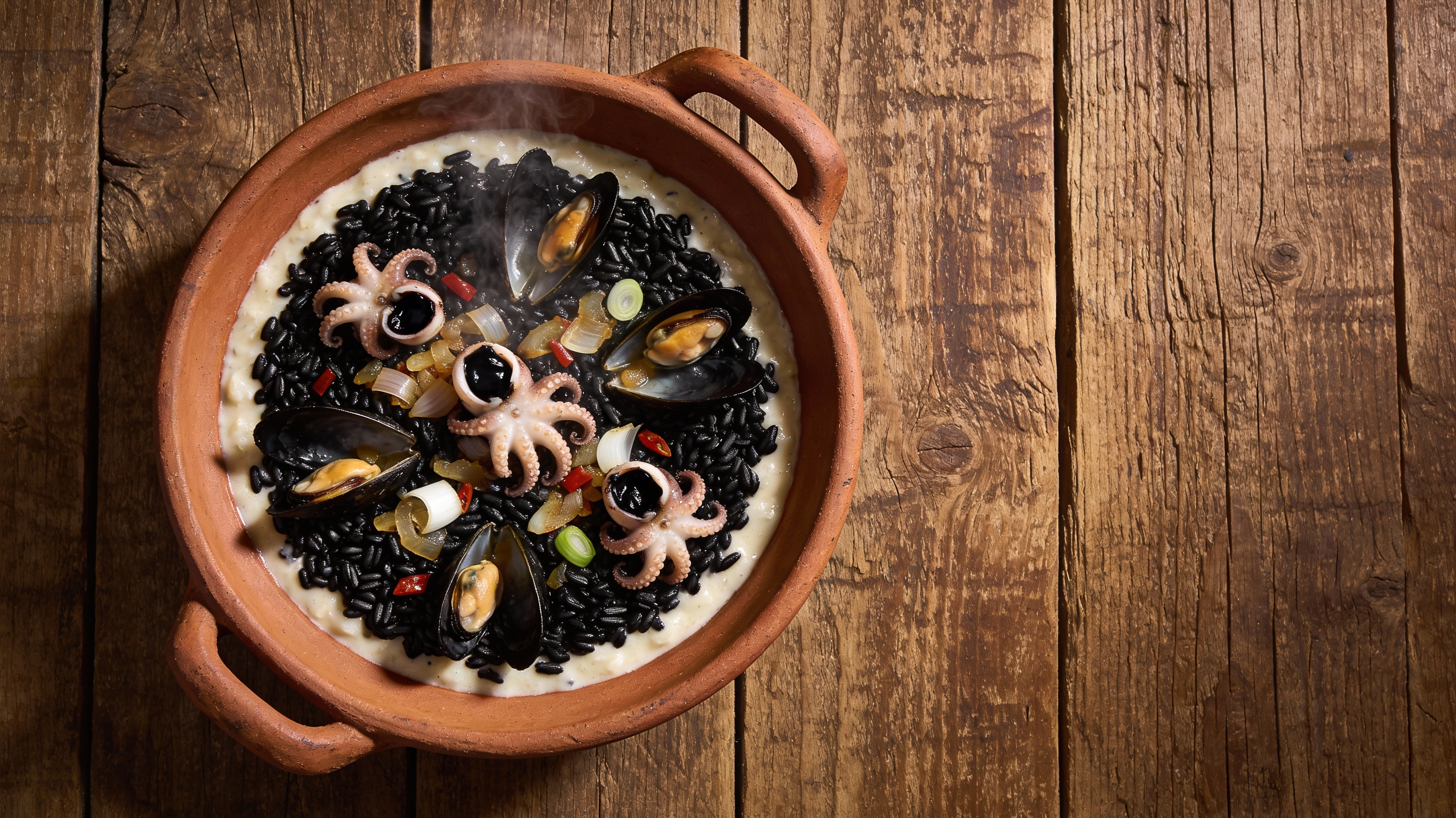 Arroz meloso con chipirones enteros y en su tinta, presentado en cazuela de barro