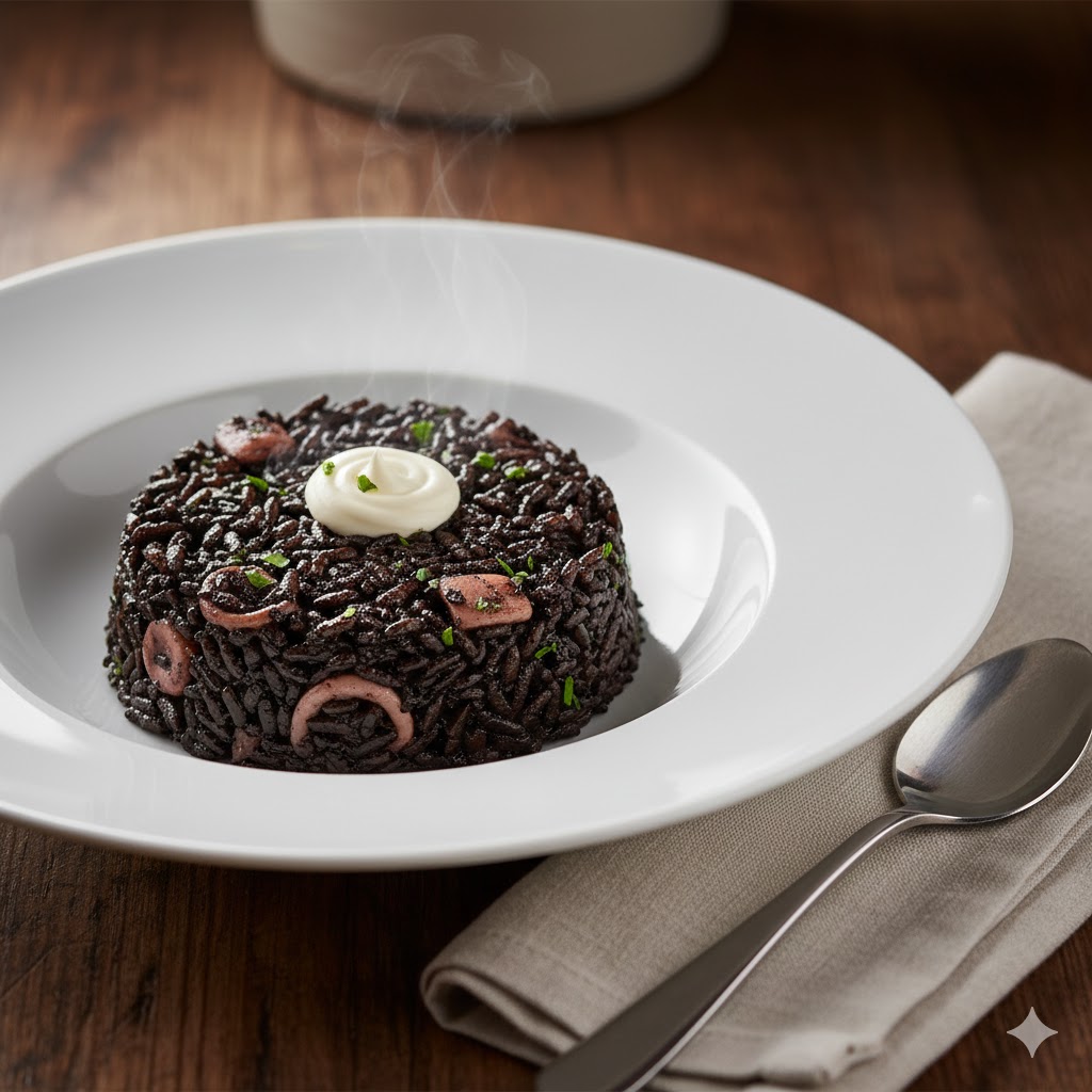 Arroz negro con chipirones servido en plato blanco para contraste