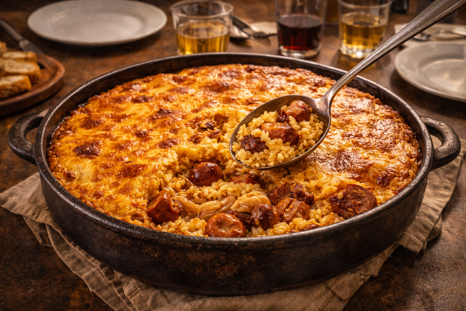 Arroz con costra recién hecho, con capa de huevo dorada