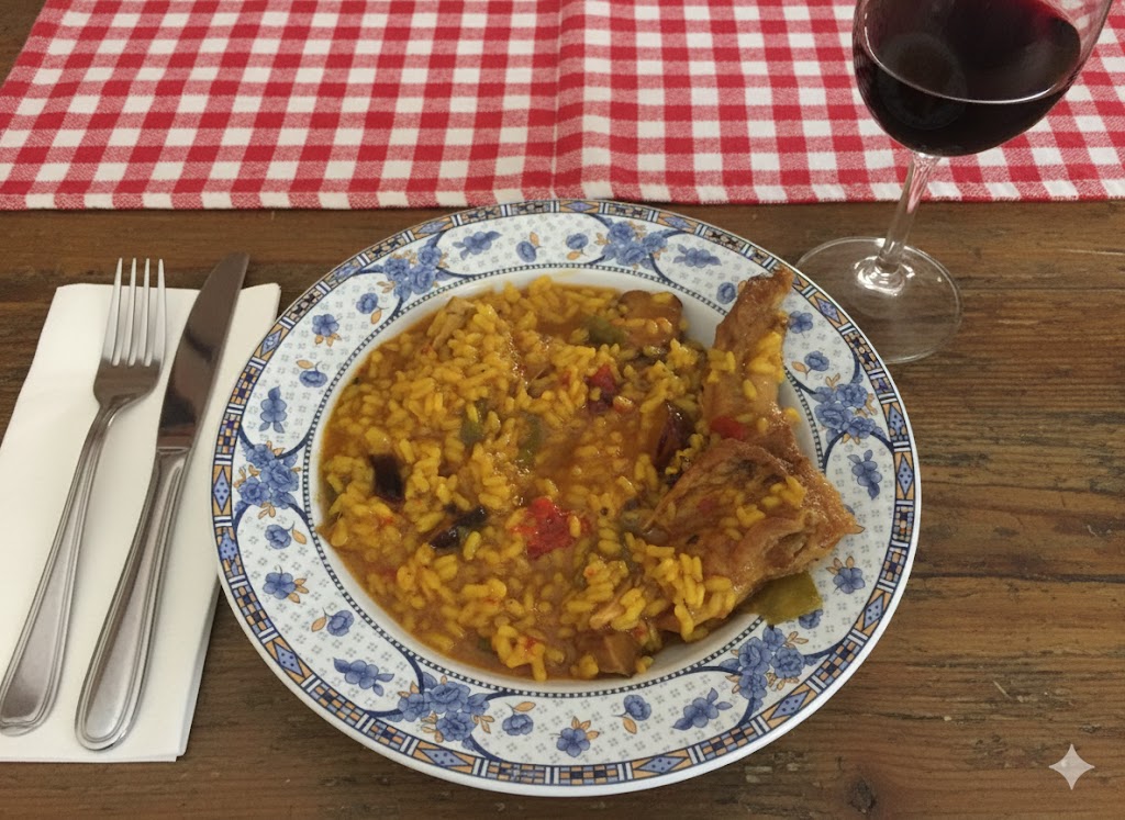 Arroz meloso servido en plato blanco con trozos de conejo, láminas de boletus, dados de foie y virutas de trufa negra