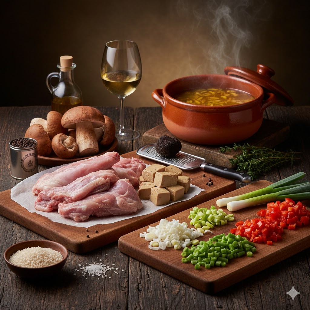 Conejo troceado, foie fresco, boletus, arroz bomba, verduras frescas y trufa negra