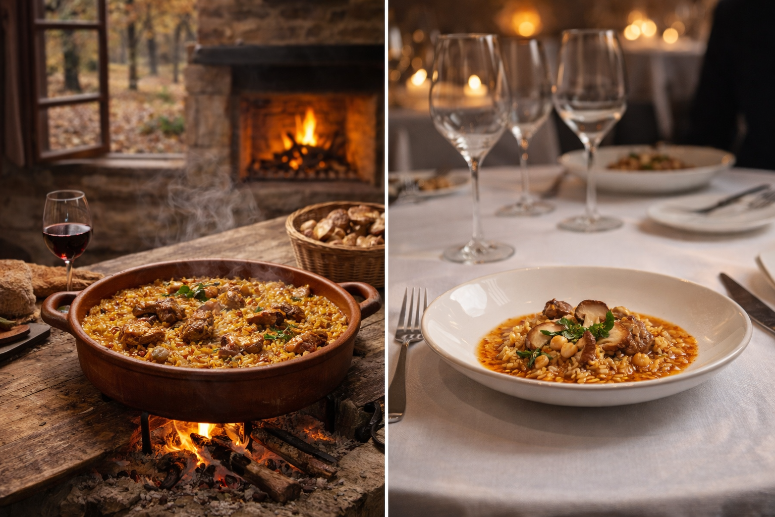 Bosque otoñal con robles y suelo cubierto de hojas donde crecen boletus, al amanecer o atardecer