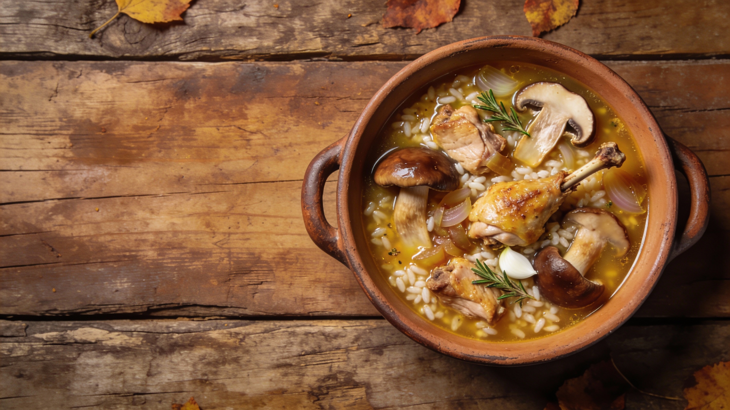 Arroz meloso de conejo y setas servido en cazuela de barro con jugo cremoso y trozos dorados