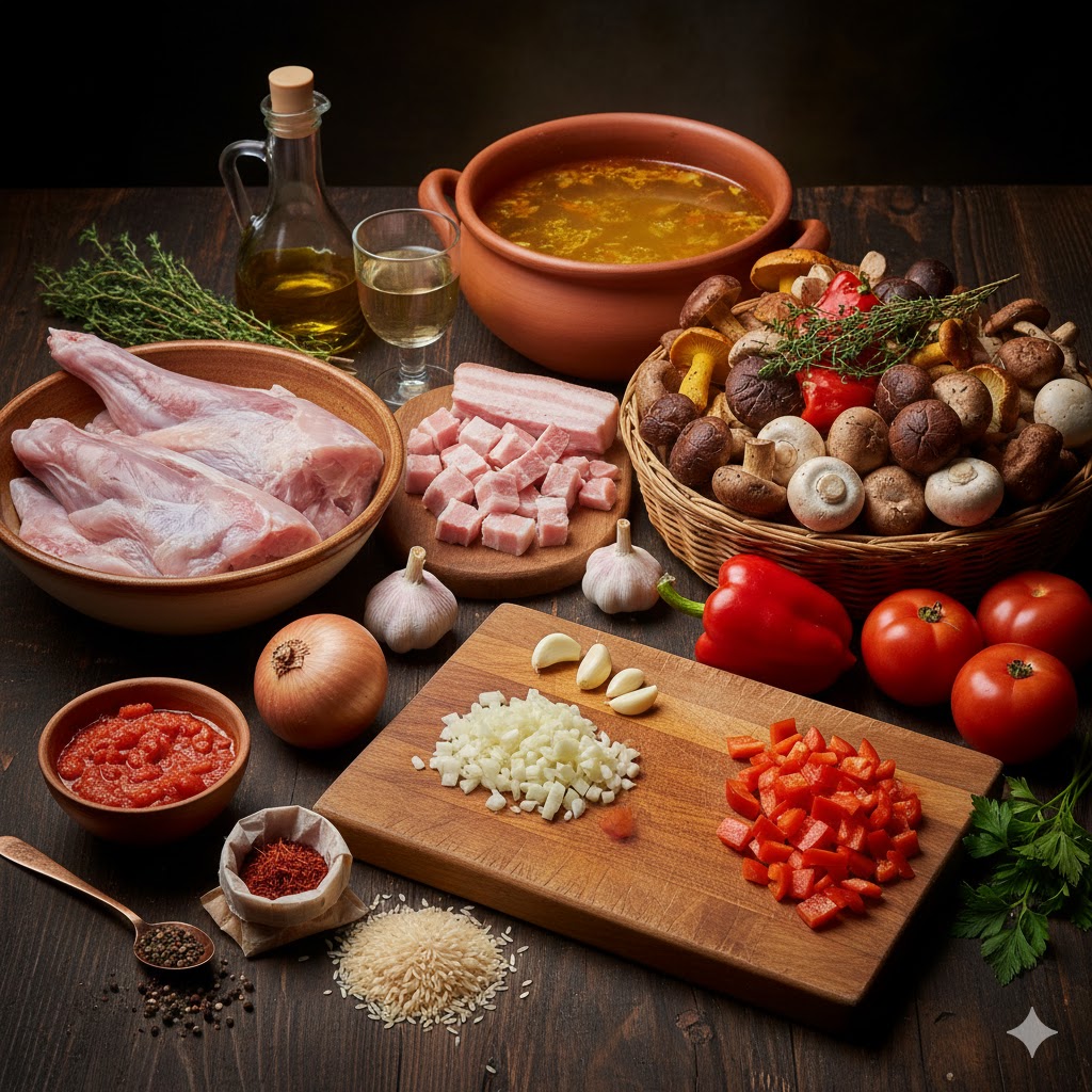 Ingredientes principales: conejo troceado, setas variadas, arroz bomba, ajos, cebolla y especias