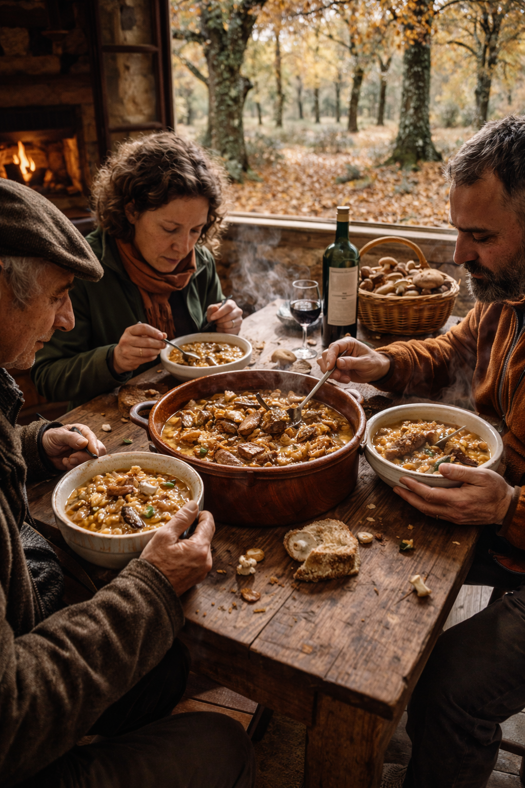 Paisaje otoñal de bosque mediterráneo con robles y suelo cubierto de hojas secas