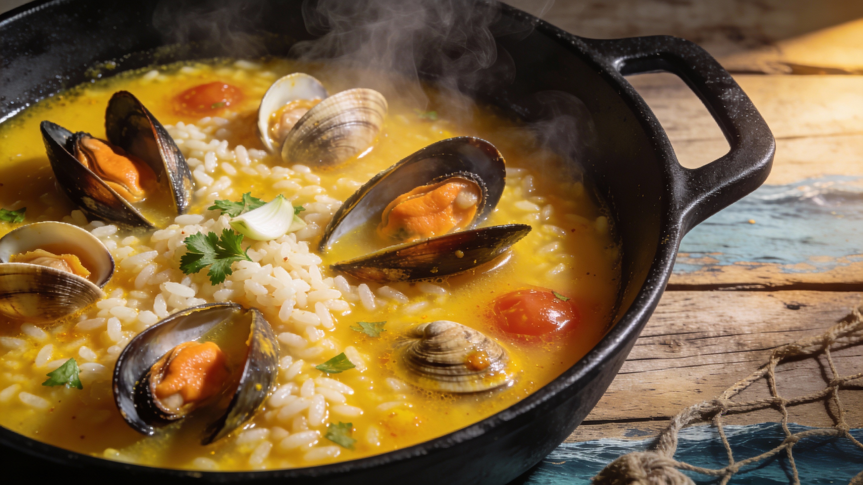 Arroz caldoso de coquinas servido en cazuela negra con caldo amarillo azafranado y coquinas abiertas