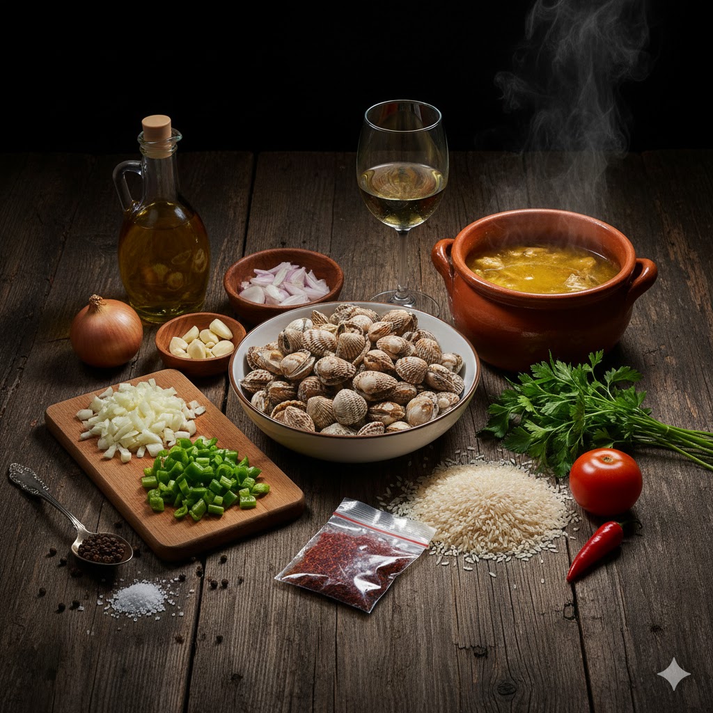 Coquinas vivas en su cáscara, arroz bomba, ajos, cebolla, perejil y azafrán en hebras