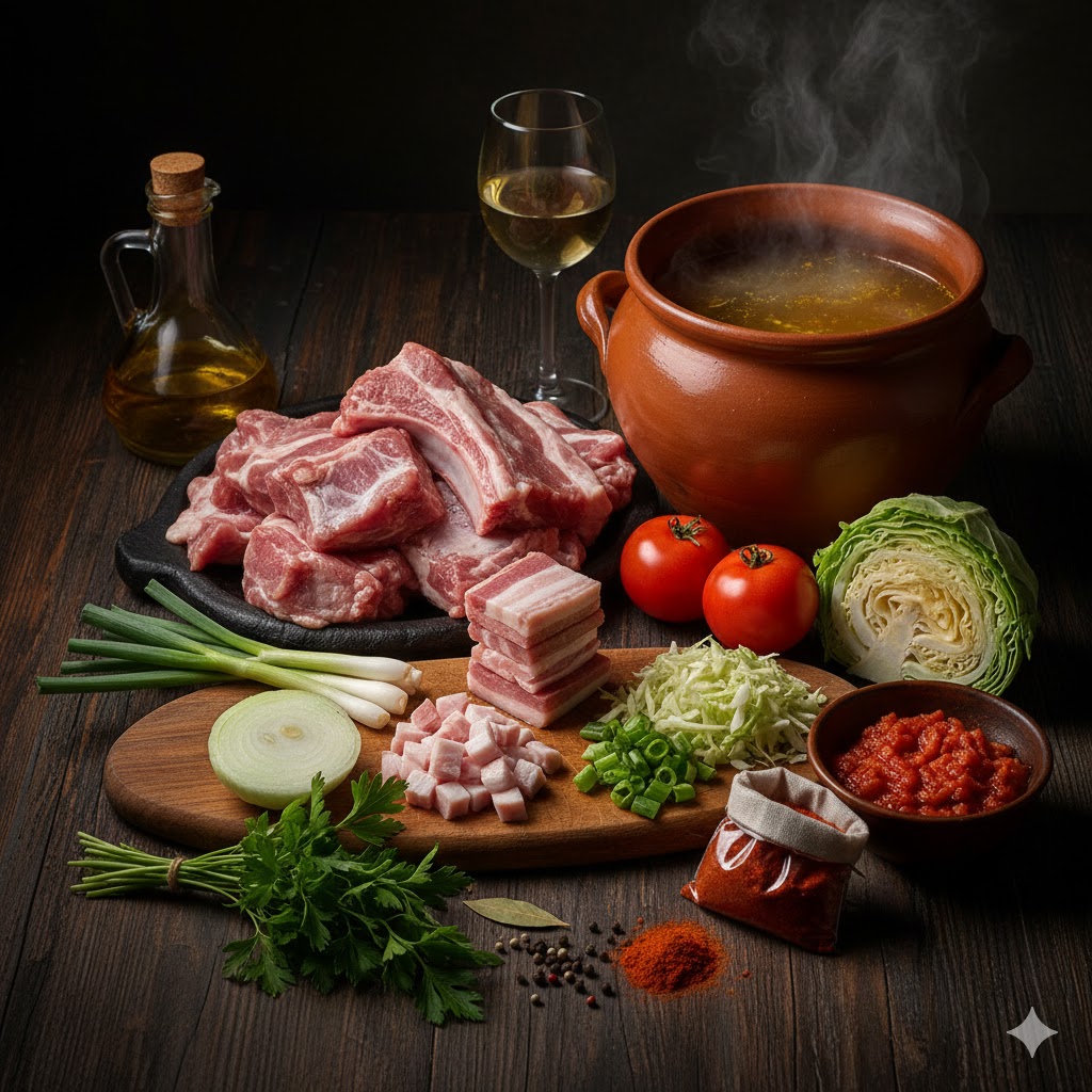 Costillas de cerdo troceadas, col en tiras, ajos tiernos, arroz bomba y especias