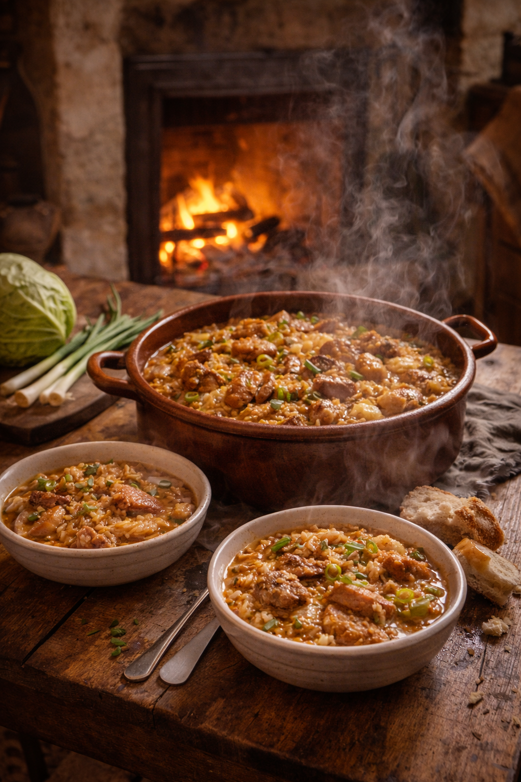 Paisaje rural invernal con casas de piedra, huertos con coles y chimeneas humeantes