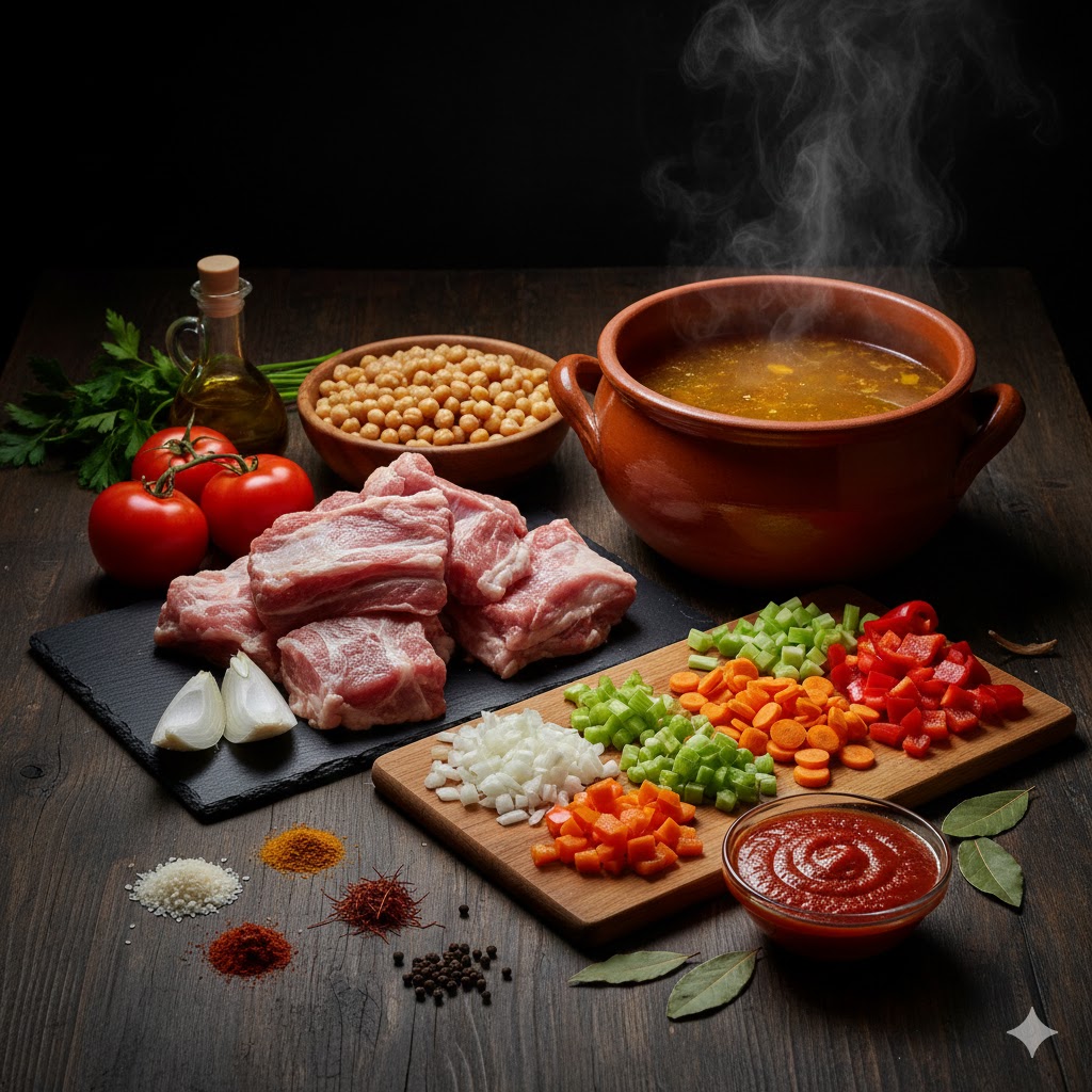 Costillas de cerdo, garbanzos cocidos, arroz bomba, zanahorias, cebolla y especias