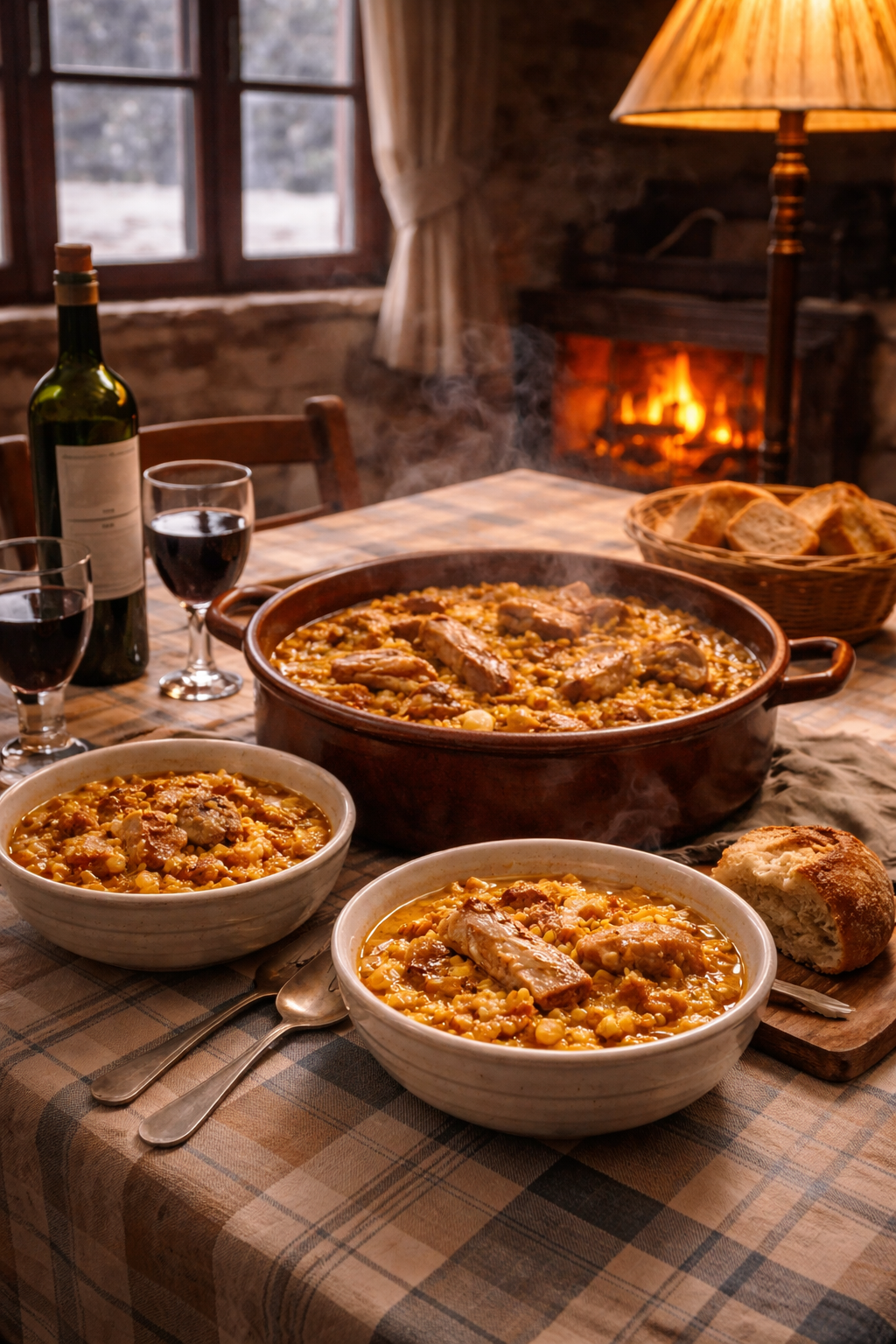 Paisaje rural de meseta con campos de cereales, olivos y casas de piedra con chimeneas humeantes