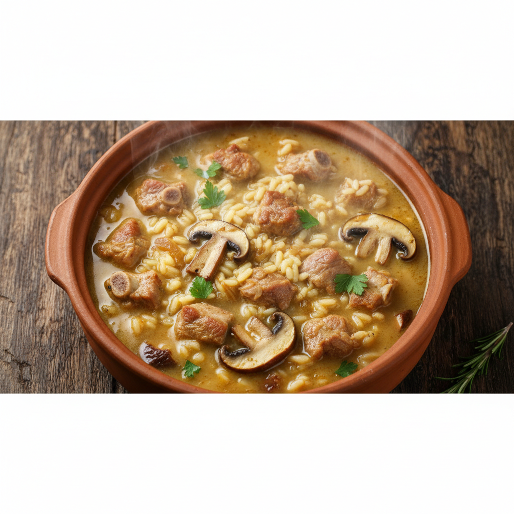Arroz caldoso de costillas y setas en cazuela de barro con caldo dorado y hierbas frescas