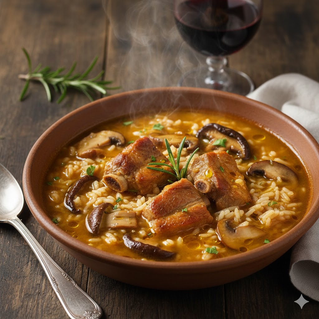 Arroz caldoso servido en cuenco con costillas doradas, setas variadas y caldo aromático
