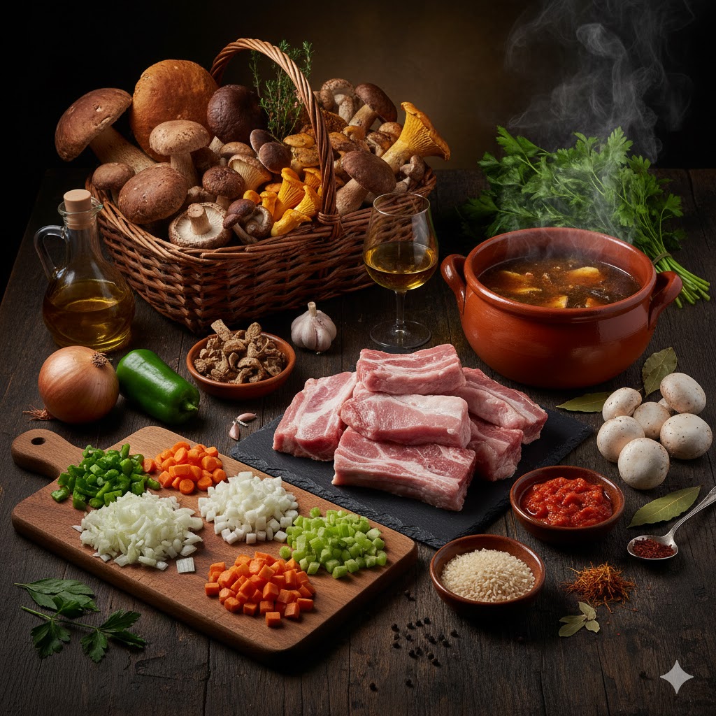 Costillas de cerdo, setas variadas, arroz bomba, verduras y especias