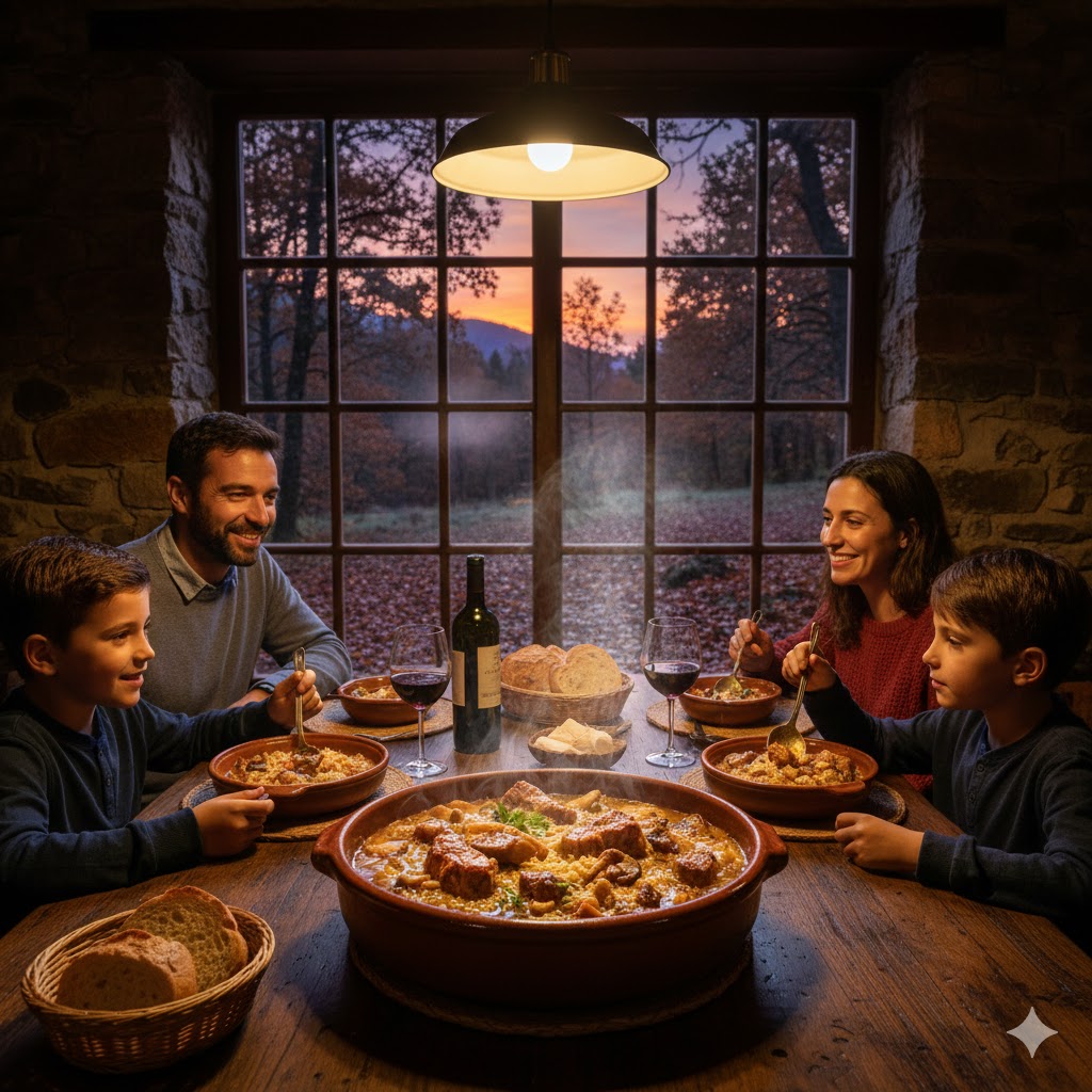 Paisaje otoñal de bosque mediterráneo con robles, encinas y suelo cubierto de hojas