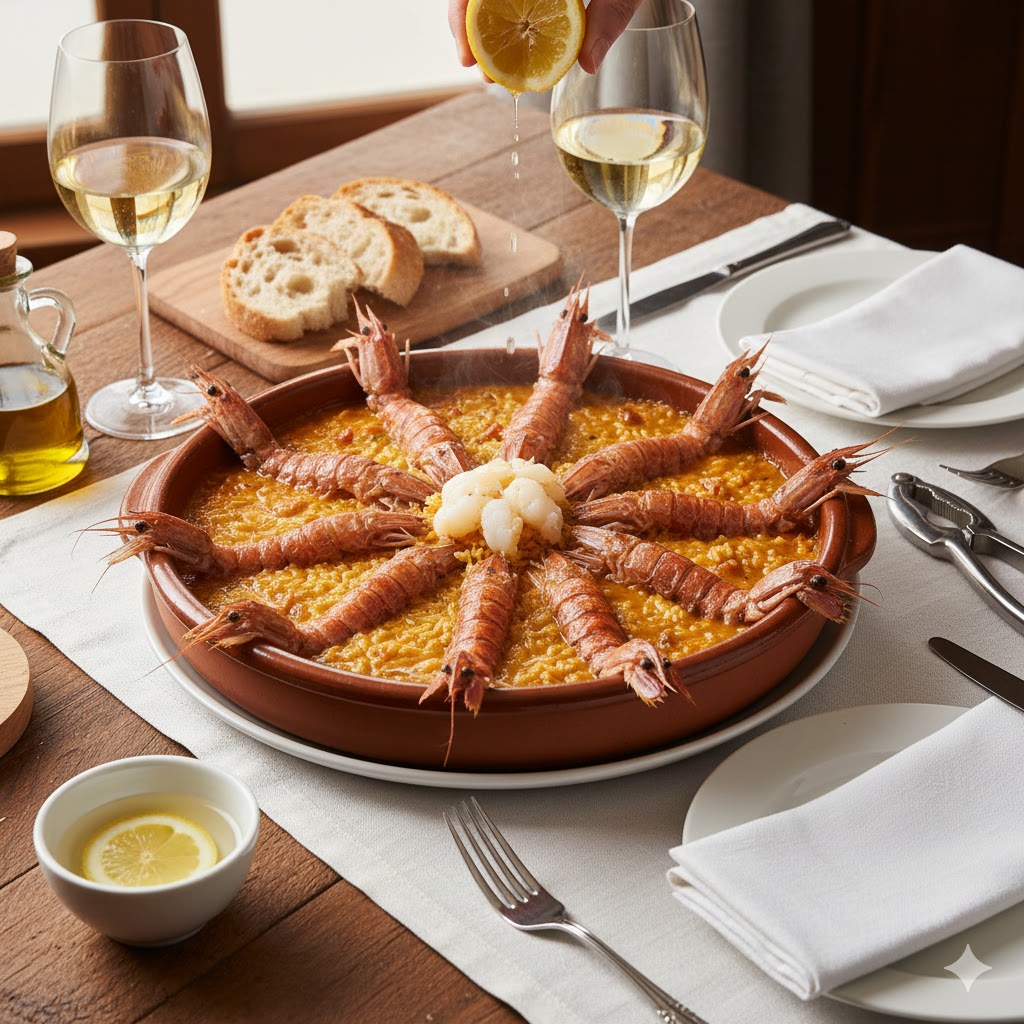 Arroz meloso servido en cazuela con galeras enteras mostrando su carne rosada, decorado con perejil fresco