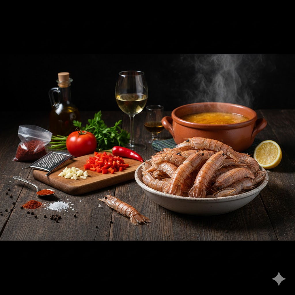 Galeras frescas, arroz bomba, tomate, cebolla, ajo, perejil y especias mediterráneas