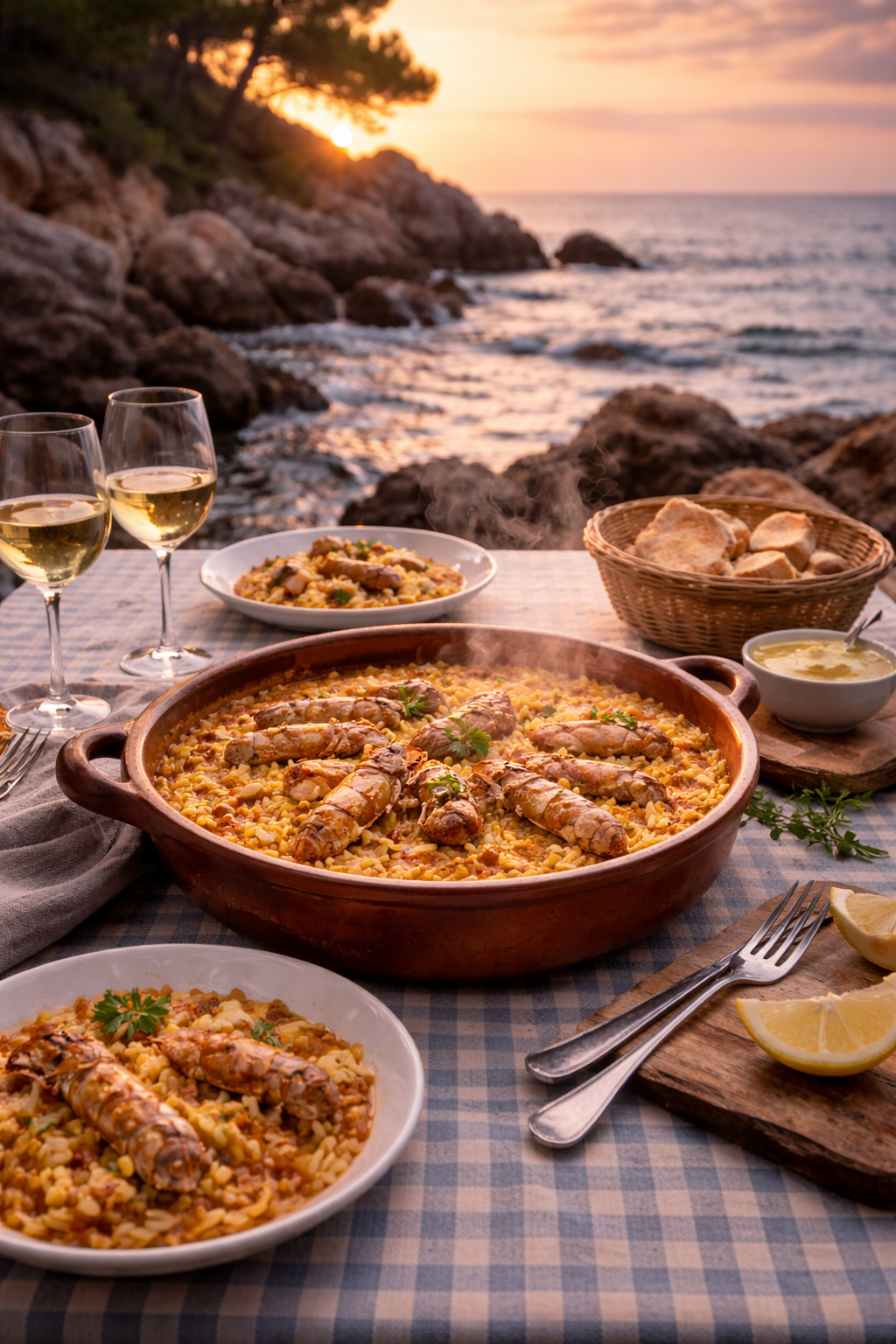 Costa rocosa mediterránea al atardecer con barcas de pesca tradicionales y redes secándose