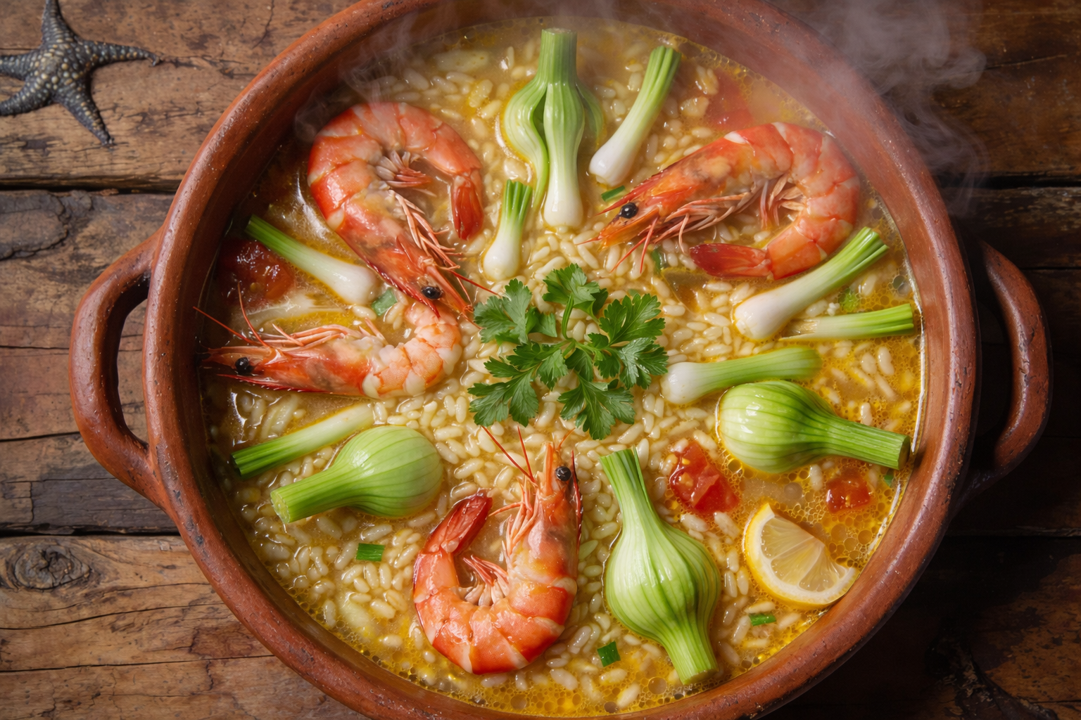 Arroz caldoso de gambas y ajos tiernos en cazuela con caldo dorado y perejil fresco
