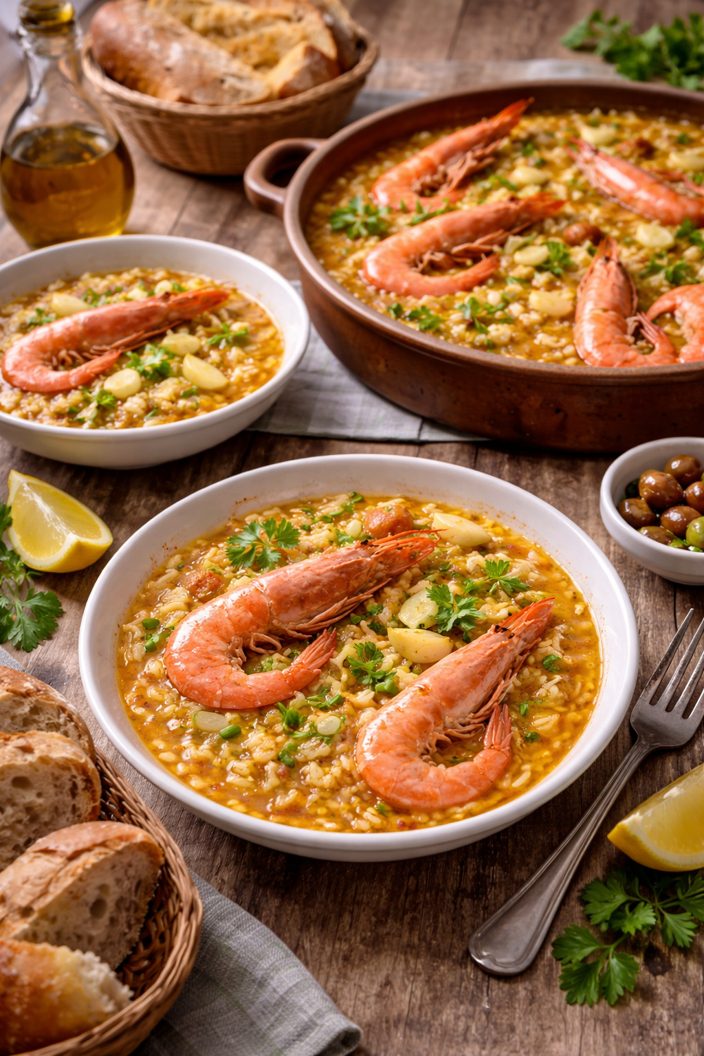 Arroz caldoso servido en cuenco con gambas rosadas, ajos tiernos verdes y caldo dorado