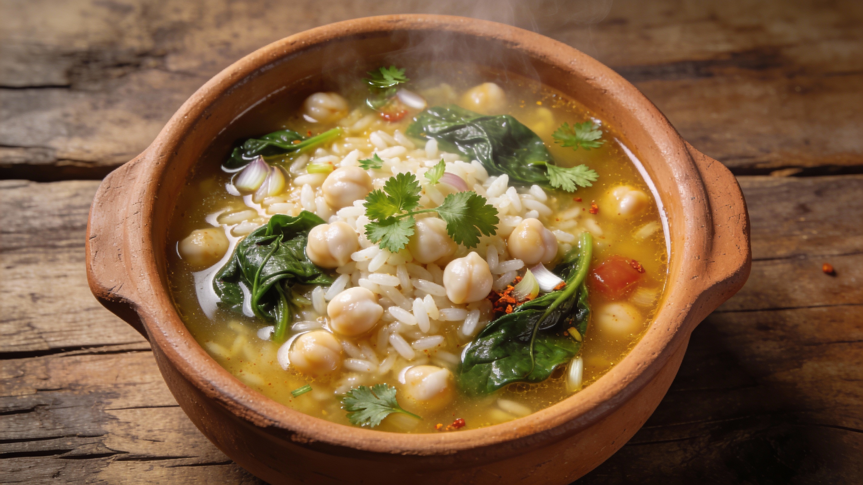 Arroz caldoso de garbanzos y espinacas en cazuela de barro con caldo dorado y hierbas frescas