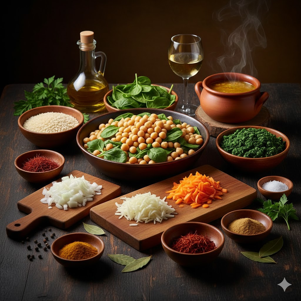 Garbanzos cocidos, espinacas frescas, arroz bomba, zanahorias, cebolla y especias