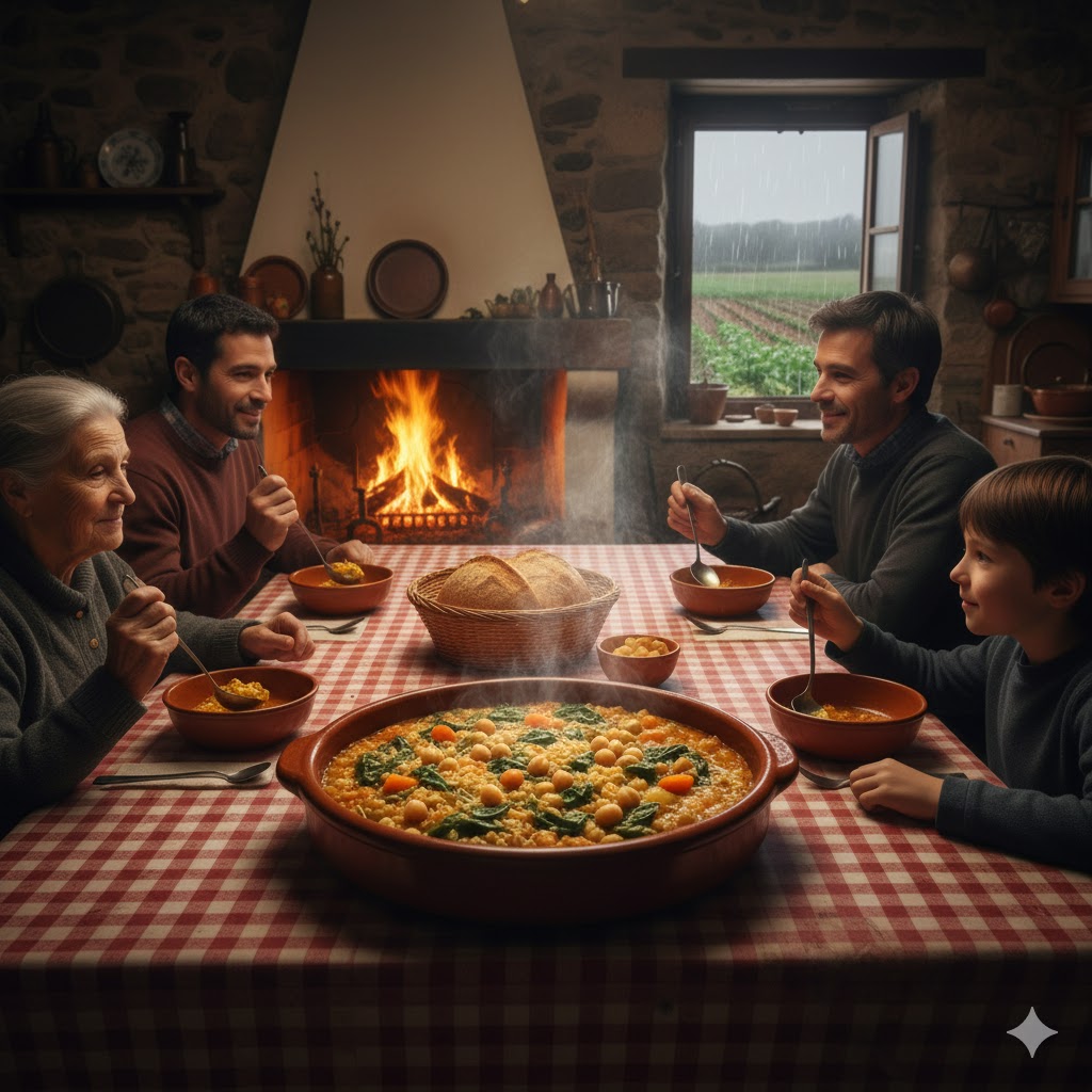 Paisaje de huerta invernal con bancales de espinacas verdes y casas de campo al fondo