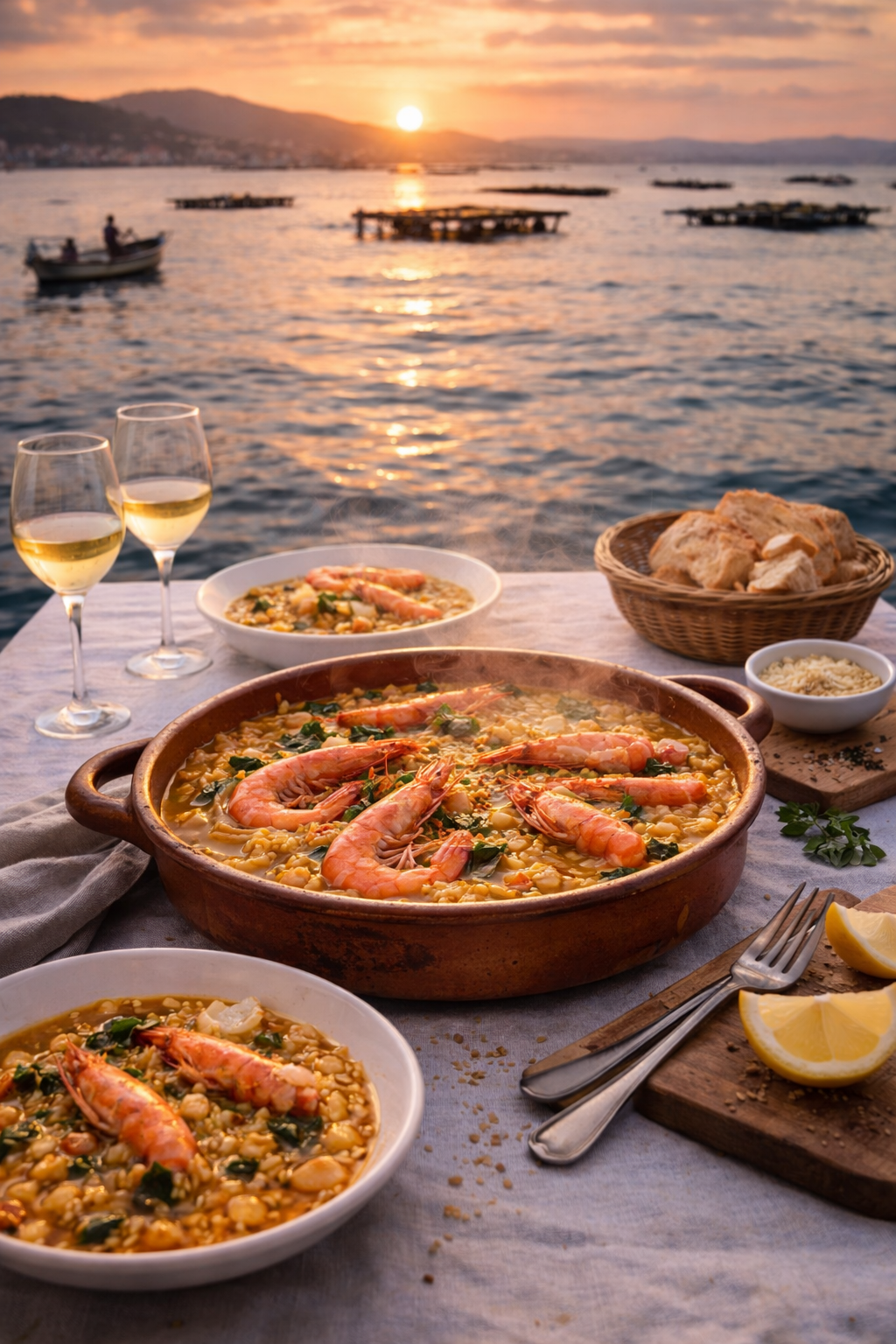 Arroz meloso servido en cazuela con langostinos enteros y pelados mostrando su carne rosada, decorado con perejil fresco