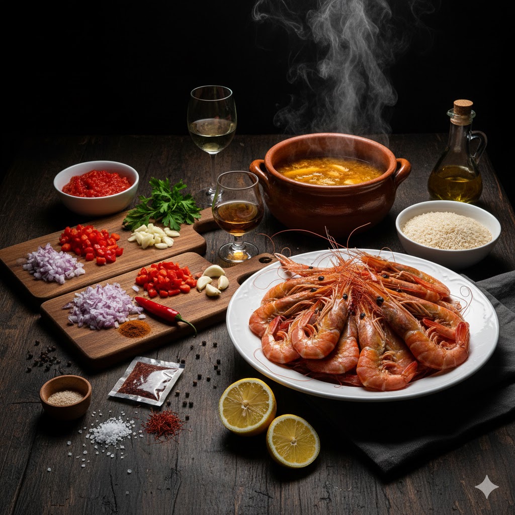 Langostinos frescos, arroz bomba, tomate, cebolla, ajo, perejil y especias mediterráneas