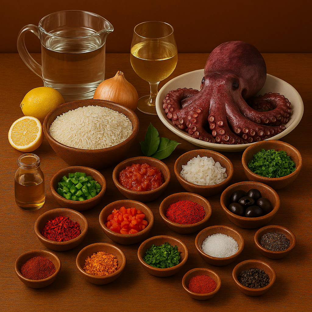 Ingredientes para arroz malandrinho de pulpo: pulpo fresco, arroz carolino, pimentón, pimientos y aceite de oliva