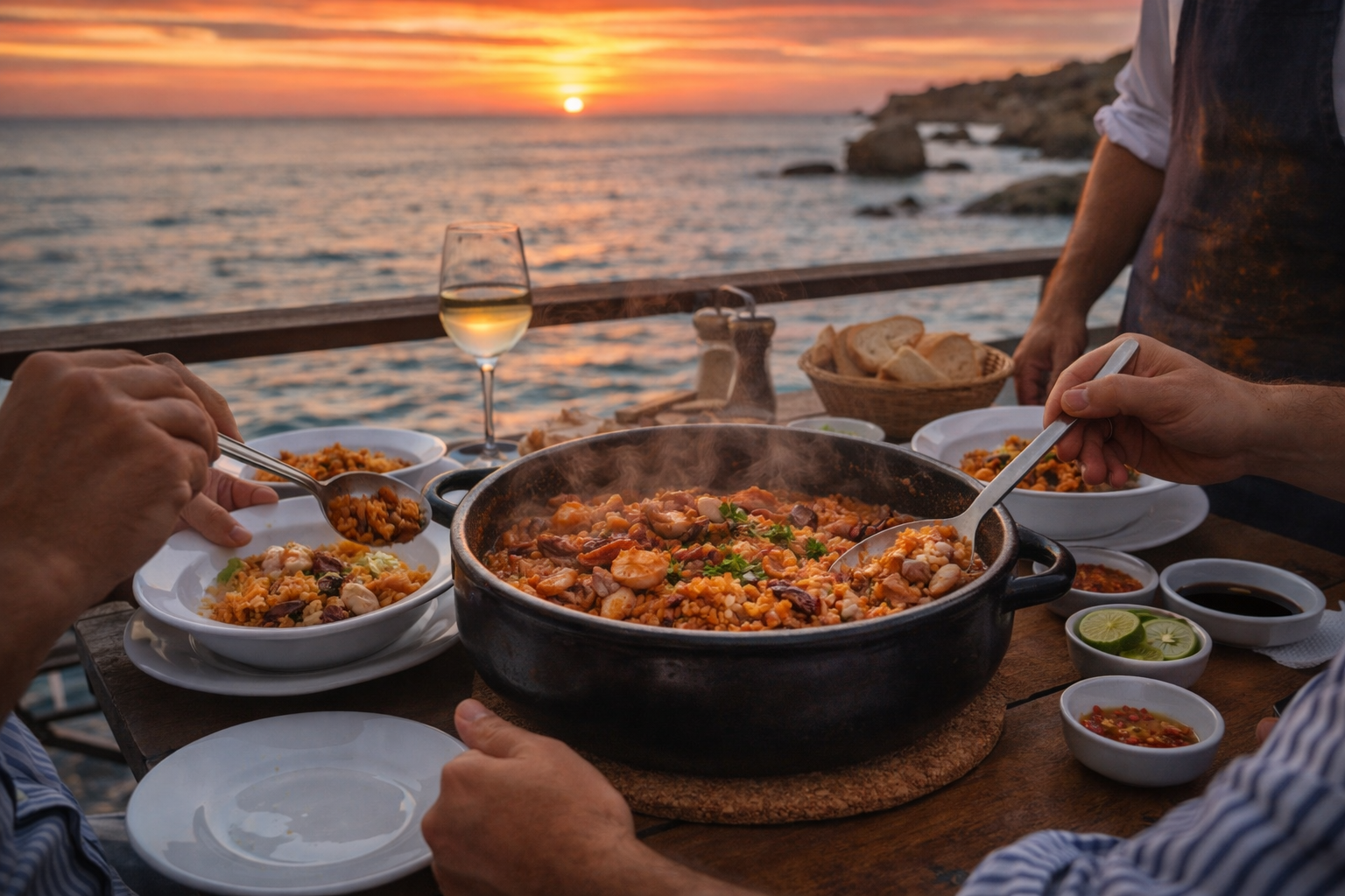 Restaurante junto al mar en el Algarve sirviendo arroz malandrinho de pulpo en cazuela de barro