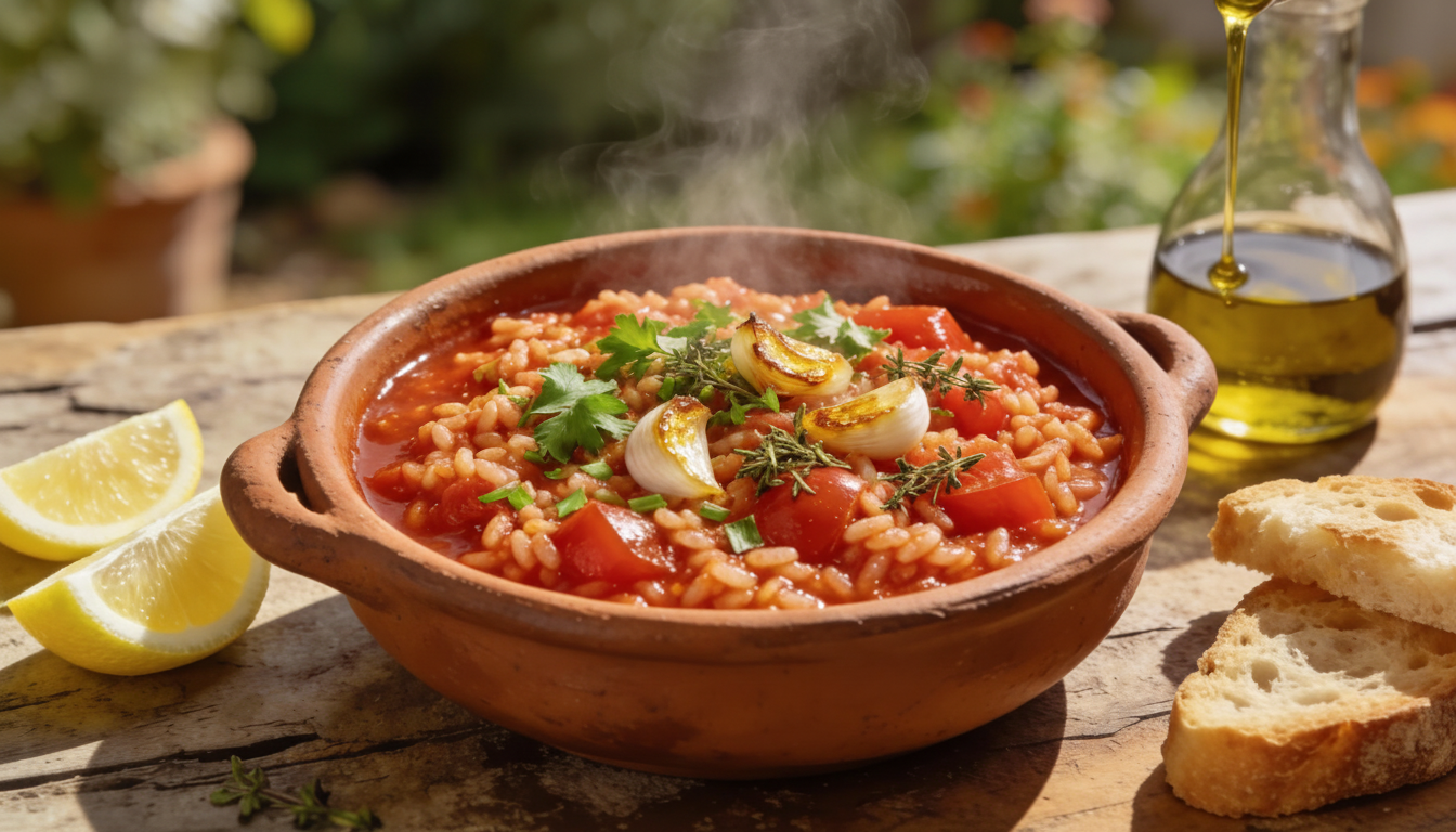 Arroz malandrinho de tomate servido en cazuela de barro con hierbas frescas y ajo confitado