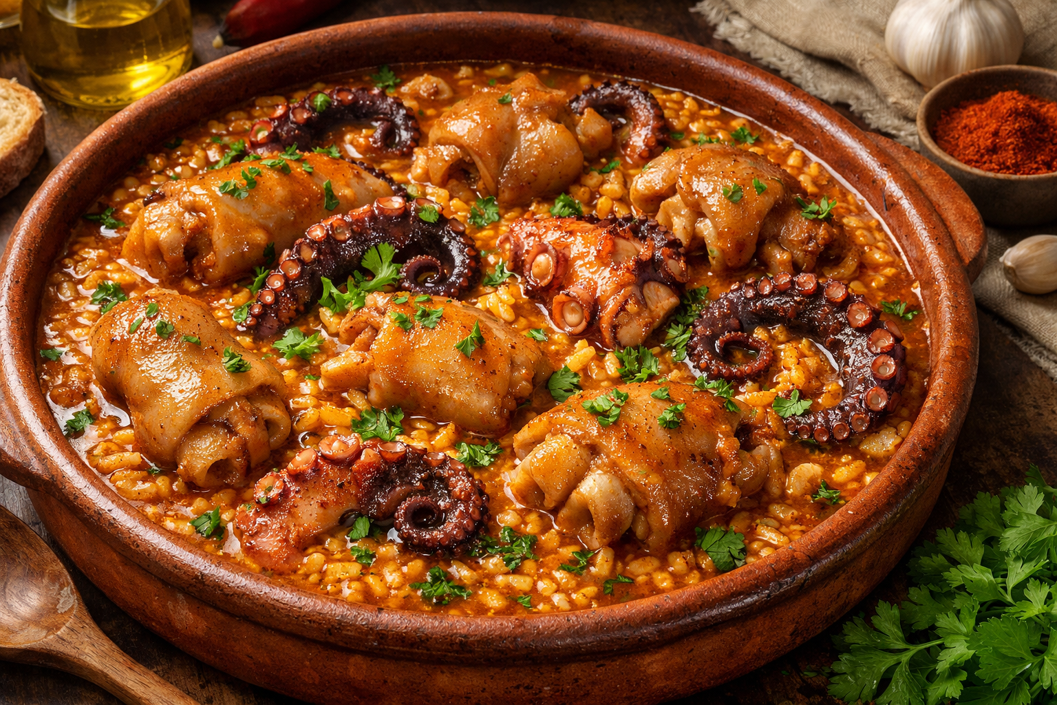 Arroz meloso con manitas de cerdo y pulpo en cazuela de barro con salsa sedosa y perejil fresco