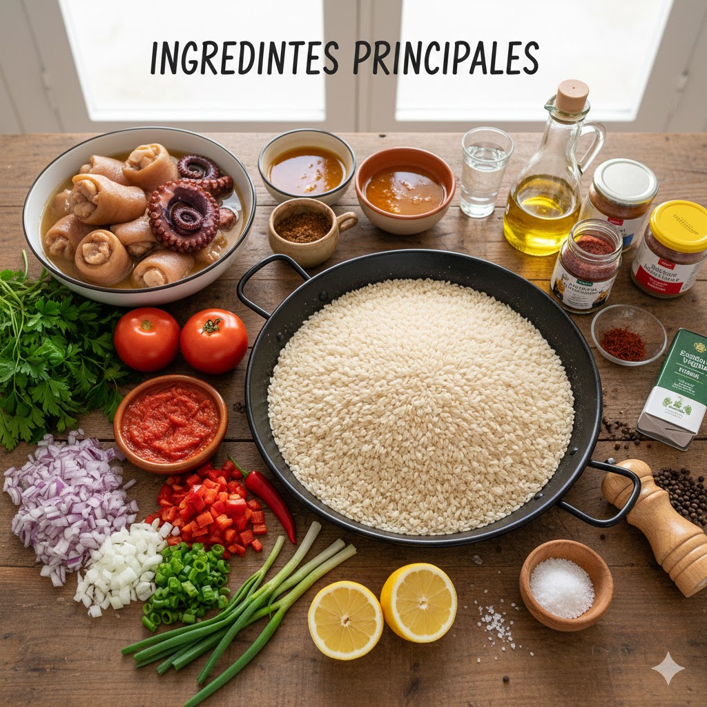 Manitas de cerdo cocidas, pulpo cocido, arroz bomba, verduras y especias