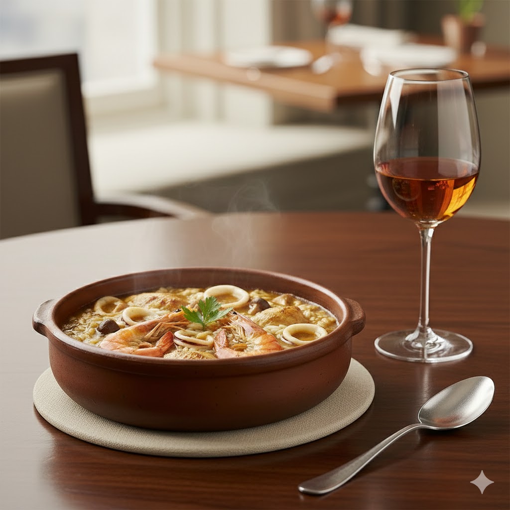 Arroz meloso servido en cazuela con gambas, calamares, pollo, setas y mejillones en salsa sedosa