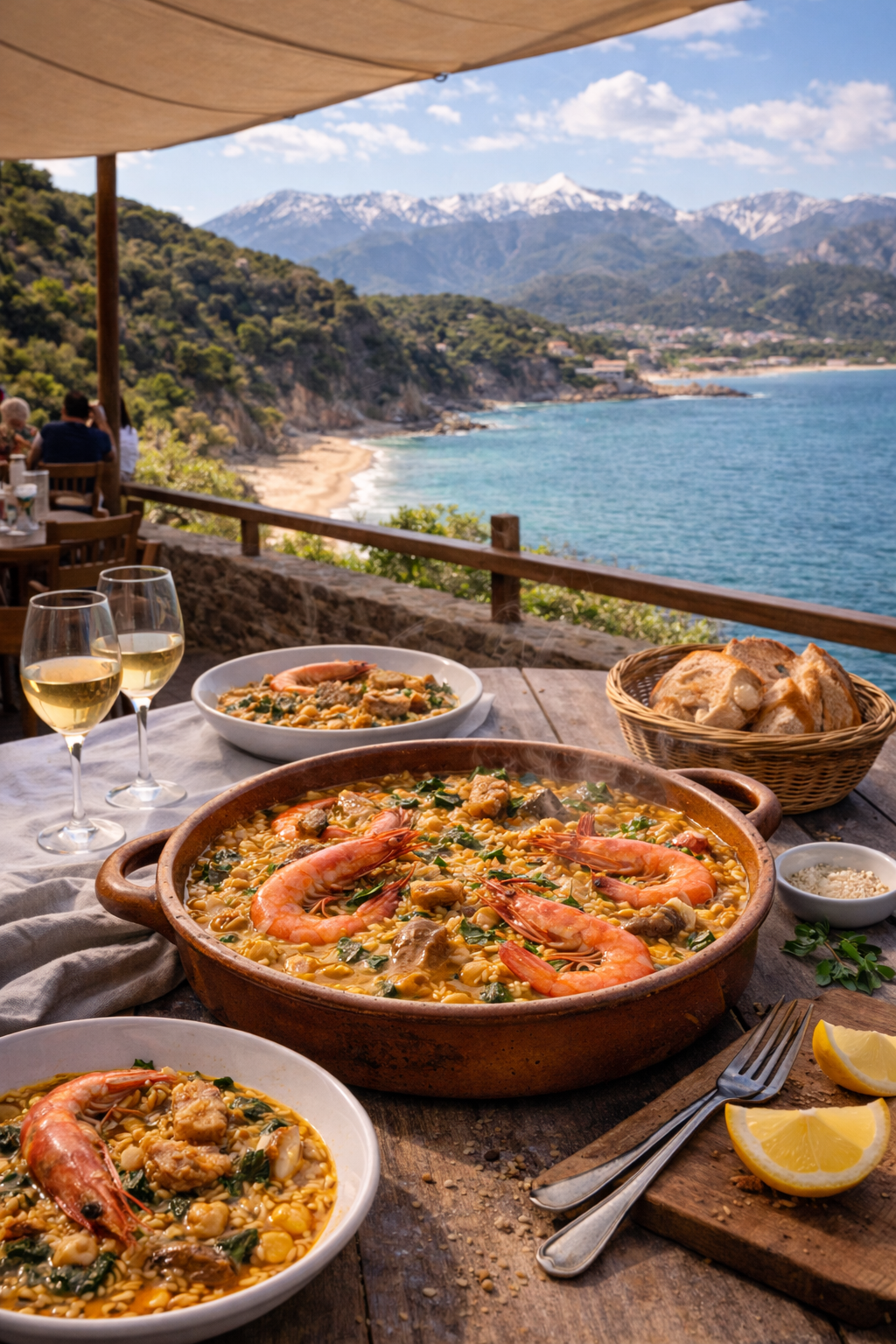 Paisaje de costa mediterránea con montañas al fondo, donde se unen mar y tierra