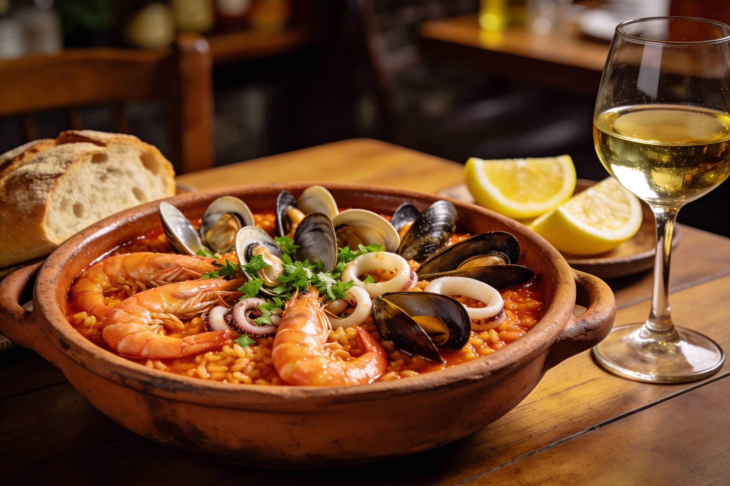 Arroz de marisco portugués en cazuela de barro con gambas, mejillones, almejas y calamar