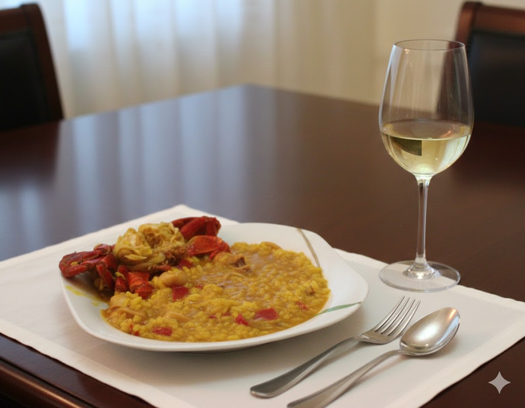 Arroz meloso con nécora presentado en cazuela baja, con las nécoras semienterradas mostrando su carne naranja y el arroz con textura sedosa brillante