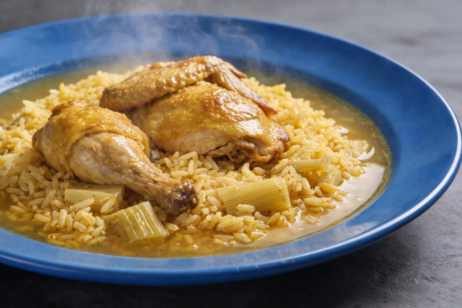 Arroz meloso con pato, cardos, alubias y morcillas servido en cazuela de barro, con trozos de pato dorados y morcillas enteras