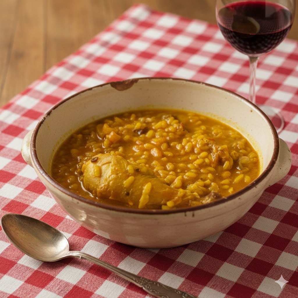 Arroz meloso con pato, cardos, alubias y morcillas presentado en cazuela, listo para servir en platos hondos