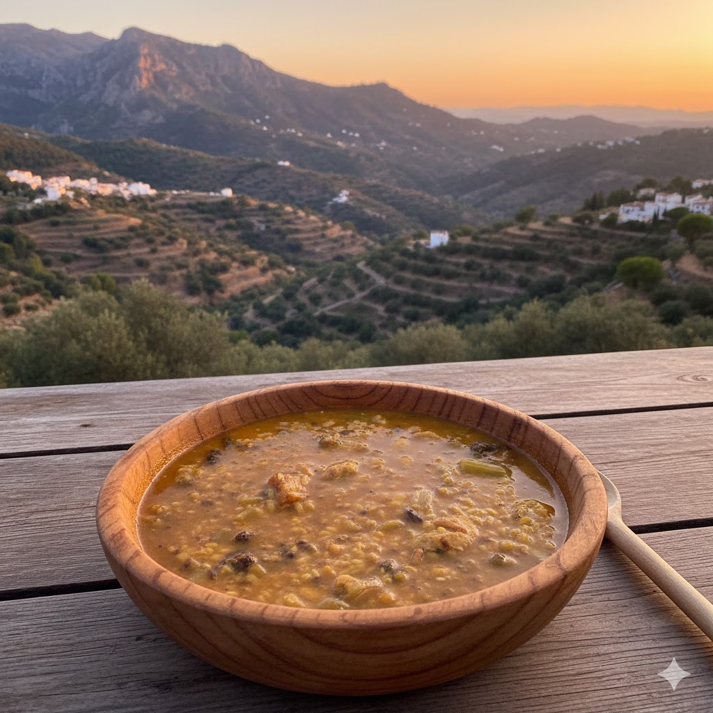 Paisaje invernal de la ribera del Ebro, con campos de cardos y casas de piedra con chimeneas humeantes