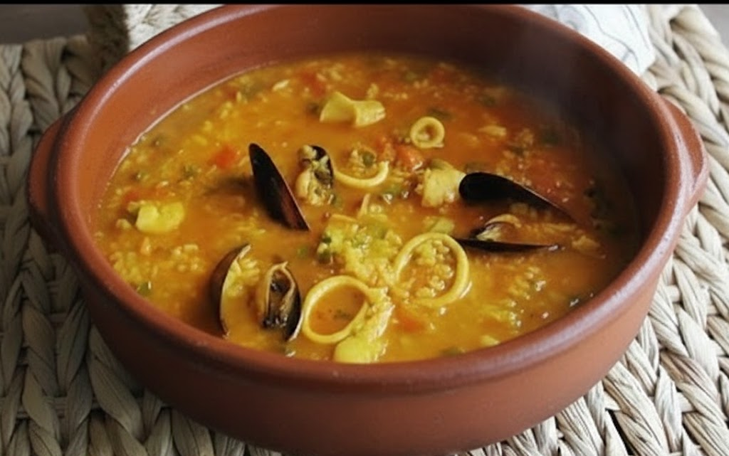 Arroz meloso de pescado y marisco servido en cazuela baja, con trozos de pescado blanco, gambas, mejillones y almejas