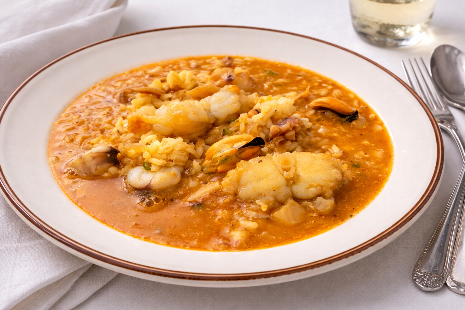 Arroz meloso de pescado y marisco presentado en cazuela, con los mejillones abiertos mostrando su carne y el arroz con textura sedosa brillante