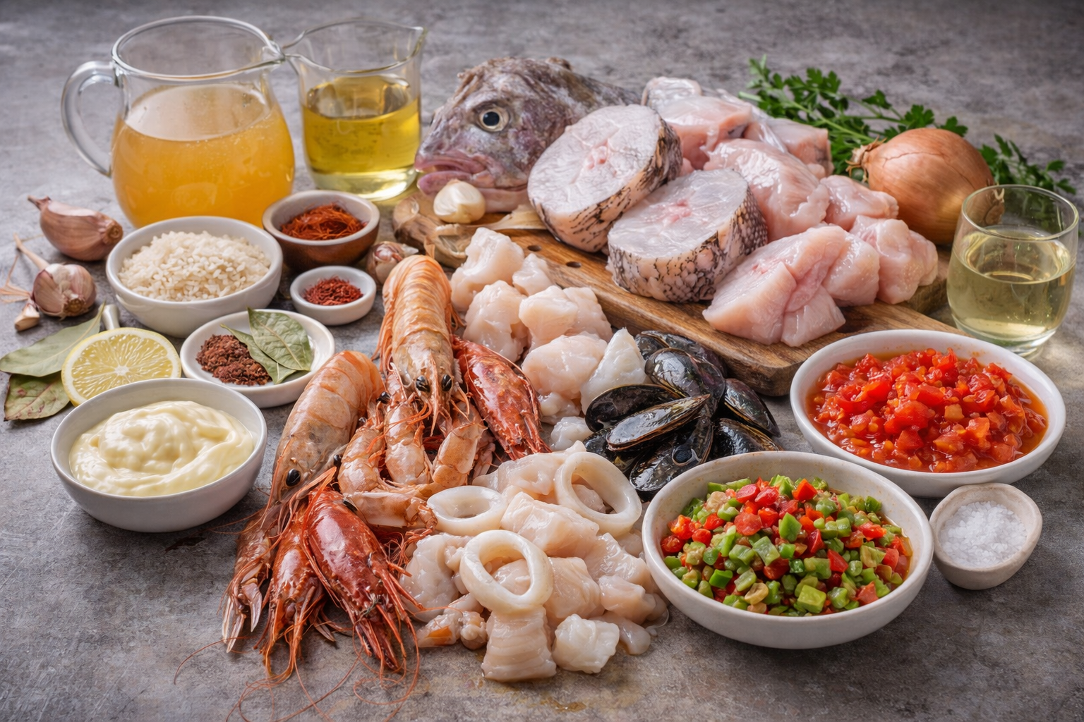 Ingredientes principales: variedad de pescado blanco, gambas, mejillones, sepia, arroz bomba y verduras para el sofrito