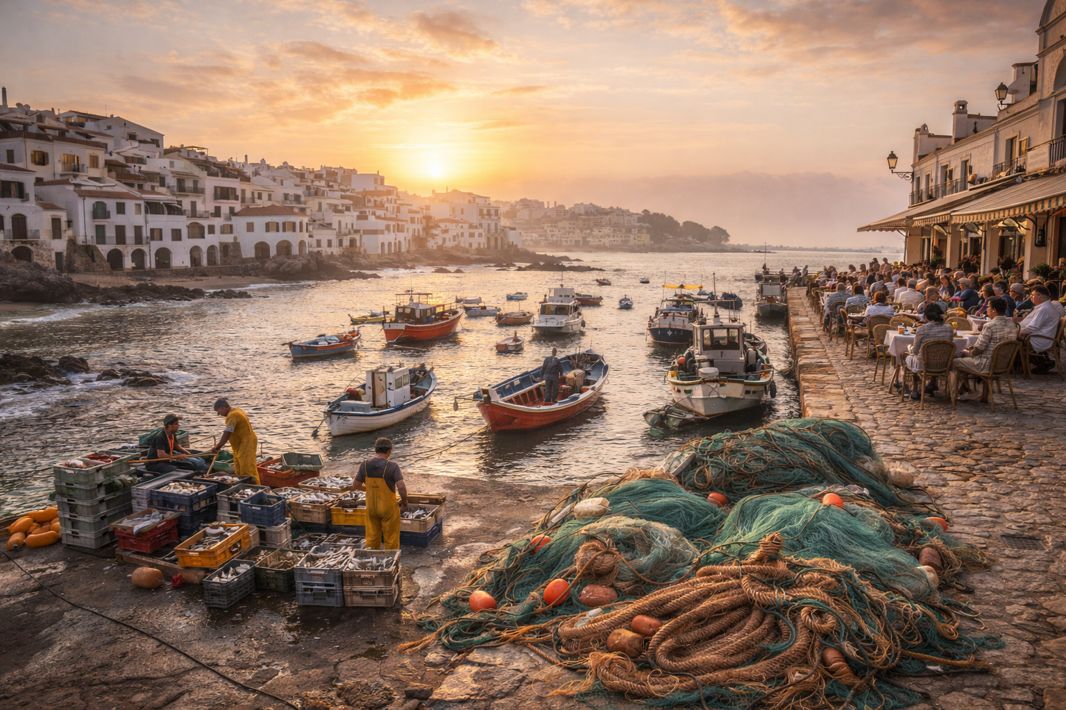Paisaje del Mediterráneo al atardecer, con barcas de pescadores en el puerto y casas blancas reflejándose en el agua