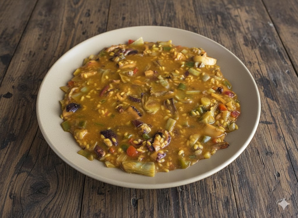 Arroz meloso con pulpo, alcachofas y verduras servido en cazuela, con rodajas de pulpo tierno y corazones de alcachofa