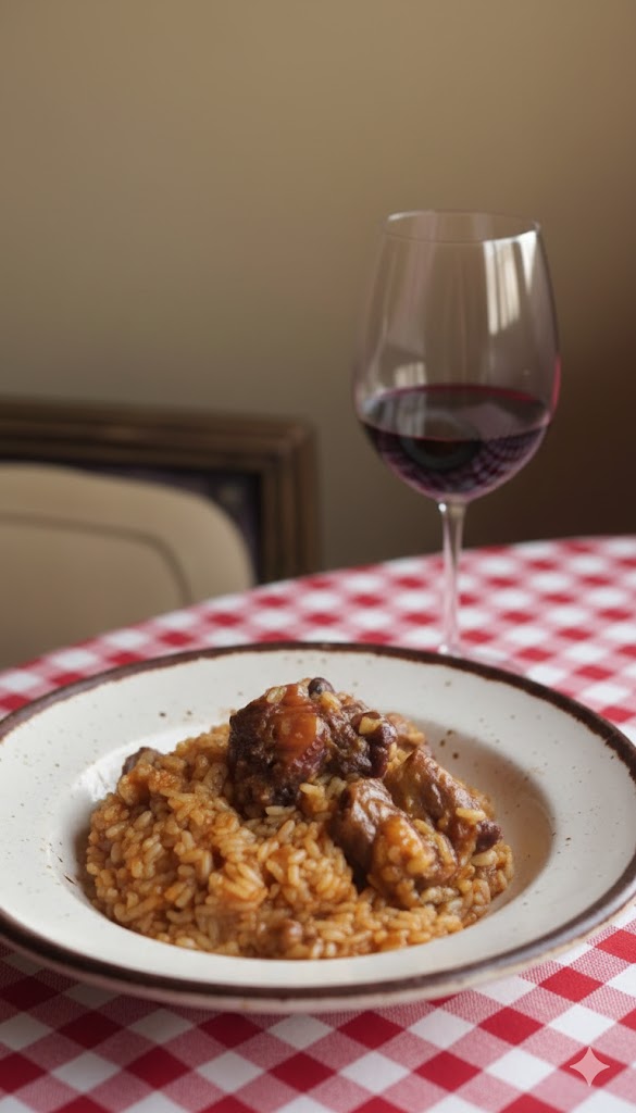 Arroz meloso de rabo de toro presentado en cazuela, con la carne deshecha mezclada con el arroz cremoso