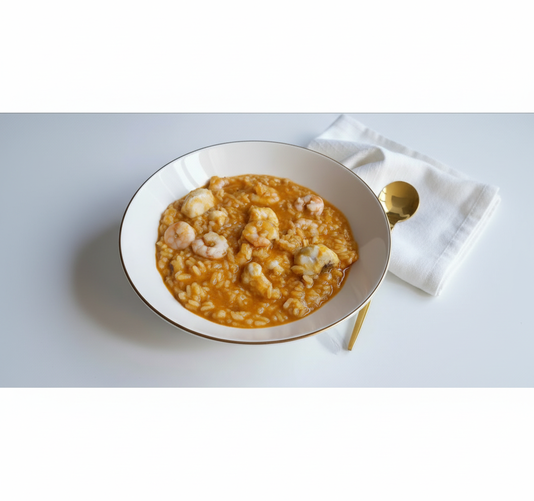 Arroz meloso de rape y gambas servido en cazuela, con trozos blancos de rape y gambas rosadas sobre arroz cremoso